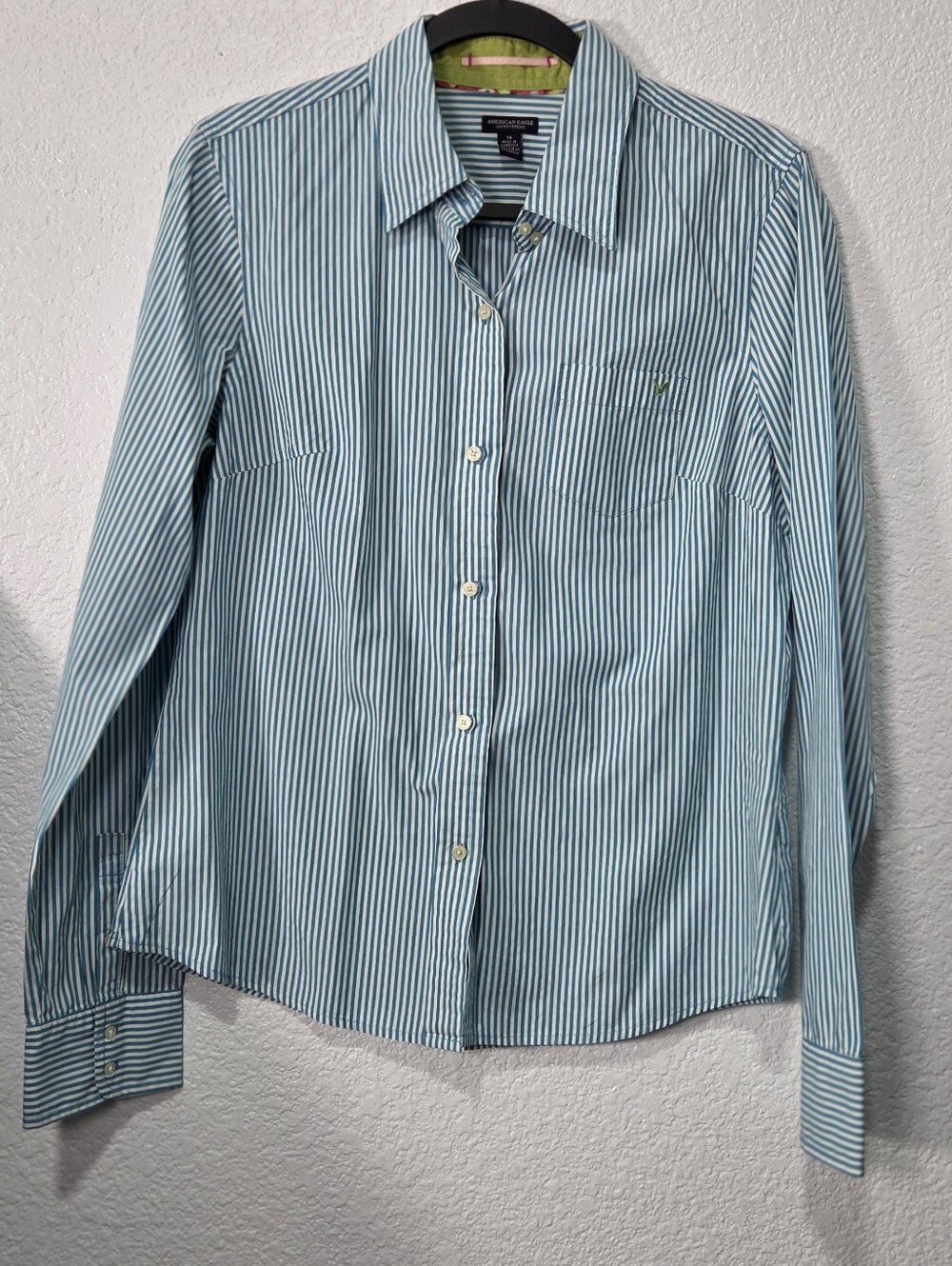 American Eagle Striped Long Sleeve Button Down Shirt Green White Size 14